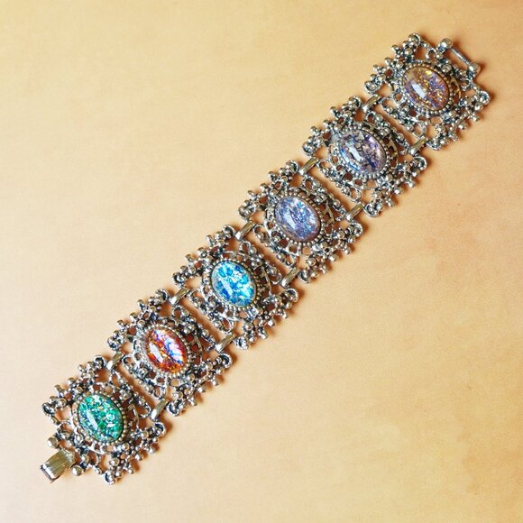Jewelry - Vintage Selro Selini Style Brutalist Panel Bracelet – Foil Art Glass Cabochons